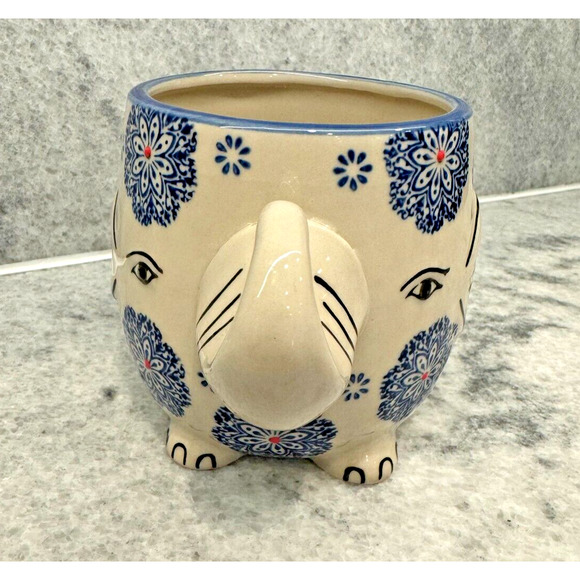 EARTHBOUND TRADING COMPANY Elephant Mug Cup Blue White Red Trunk Up - Picture 7 of 8